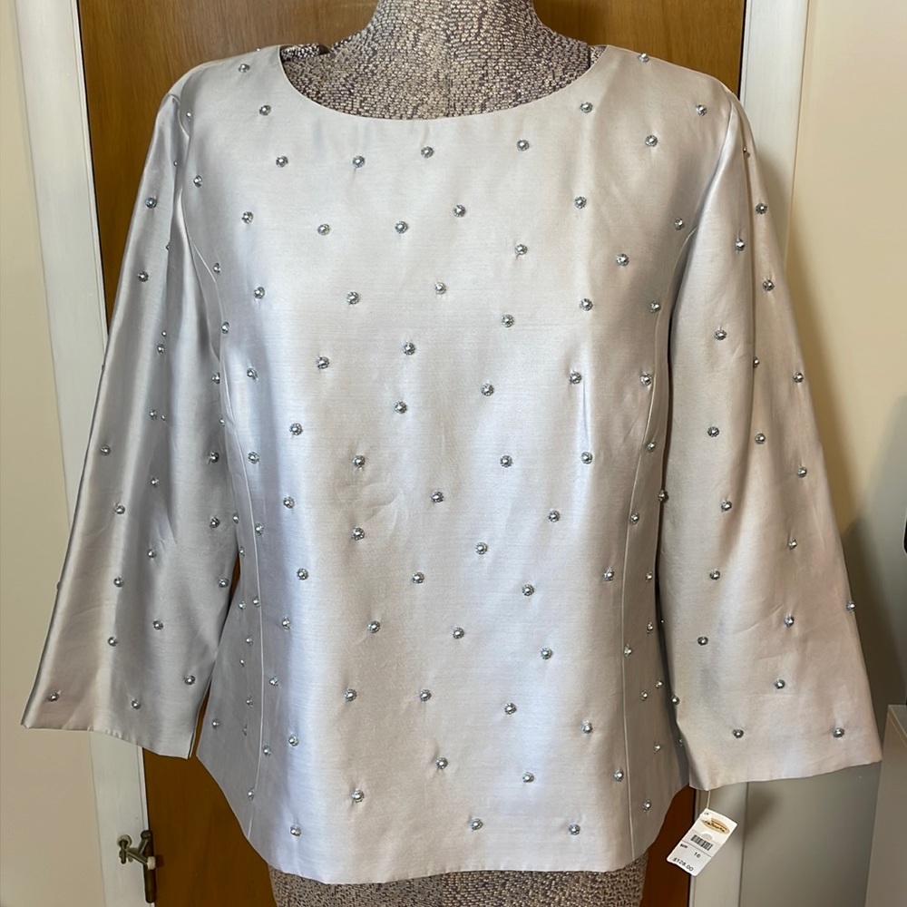 Talbots NWT Womens 16 Silk Gray Matte Taffeta Silver Blouse with Beaded Accents
